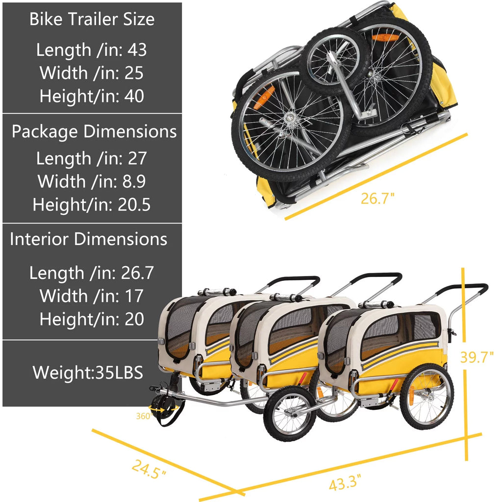 3-in-1 Dog Bicycle Trailer, Dog Stroller, and Dog Jogging Stroller, Orange Z364