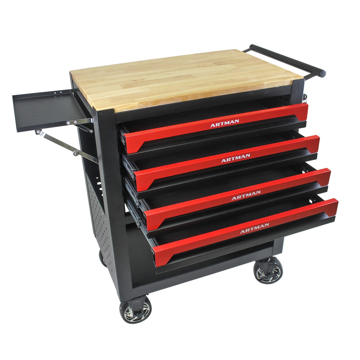 4-Tier Rolling Tool Cart with Cabinet and Wooden Top P7158