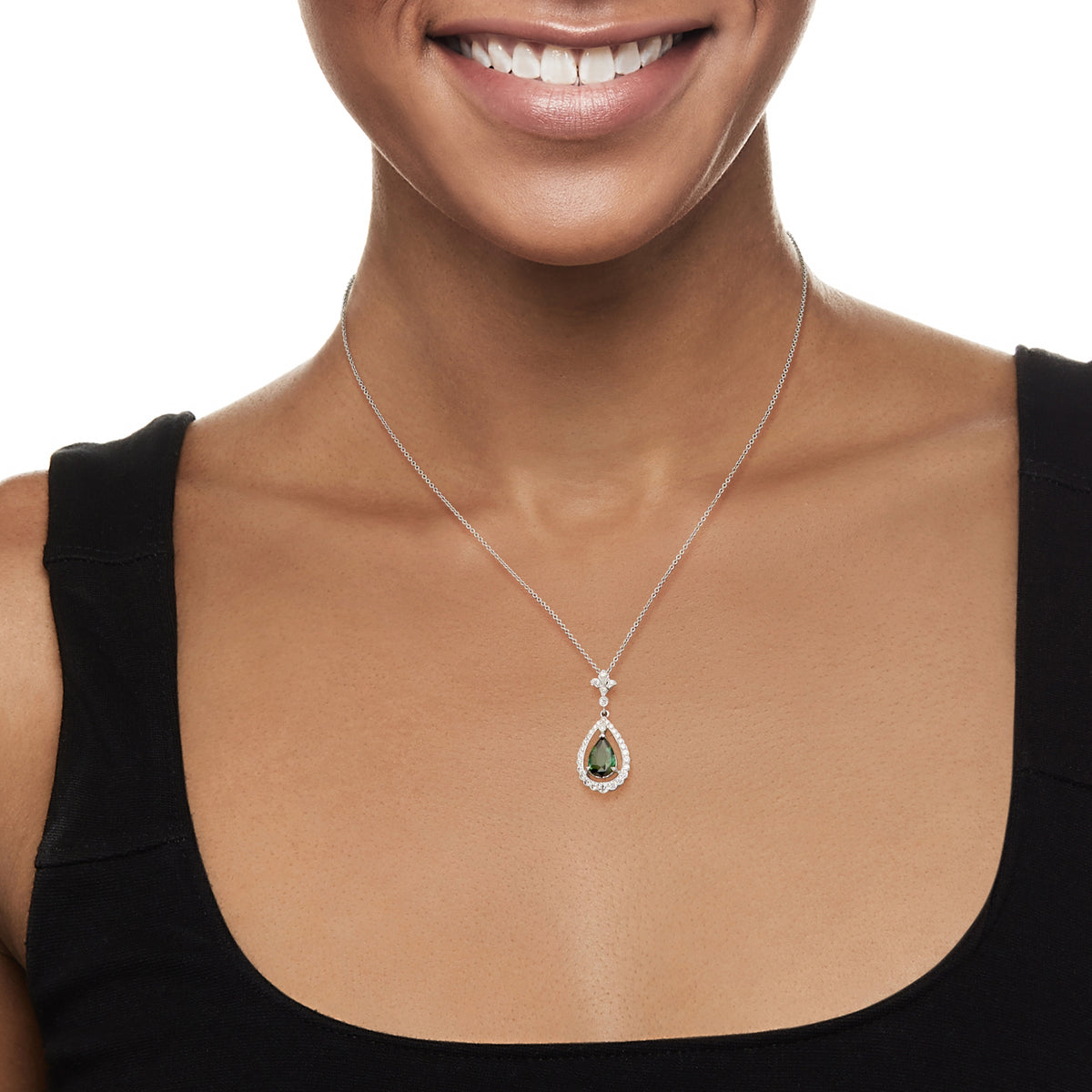 Vintage 1.00 Carat Green Tourmaline and .35 ct. t.w. Diamond Pendant Necklace in 18kt and 14kt White Gold C45197