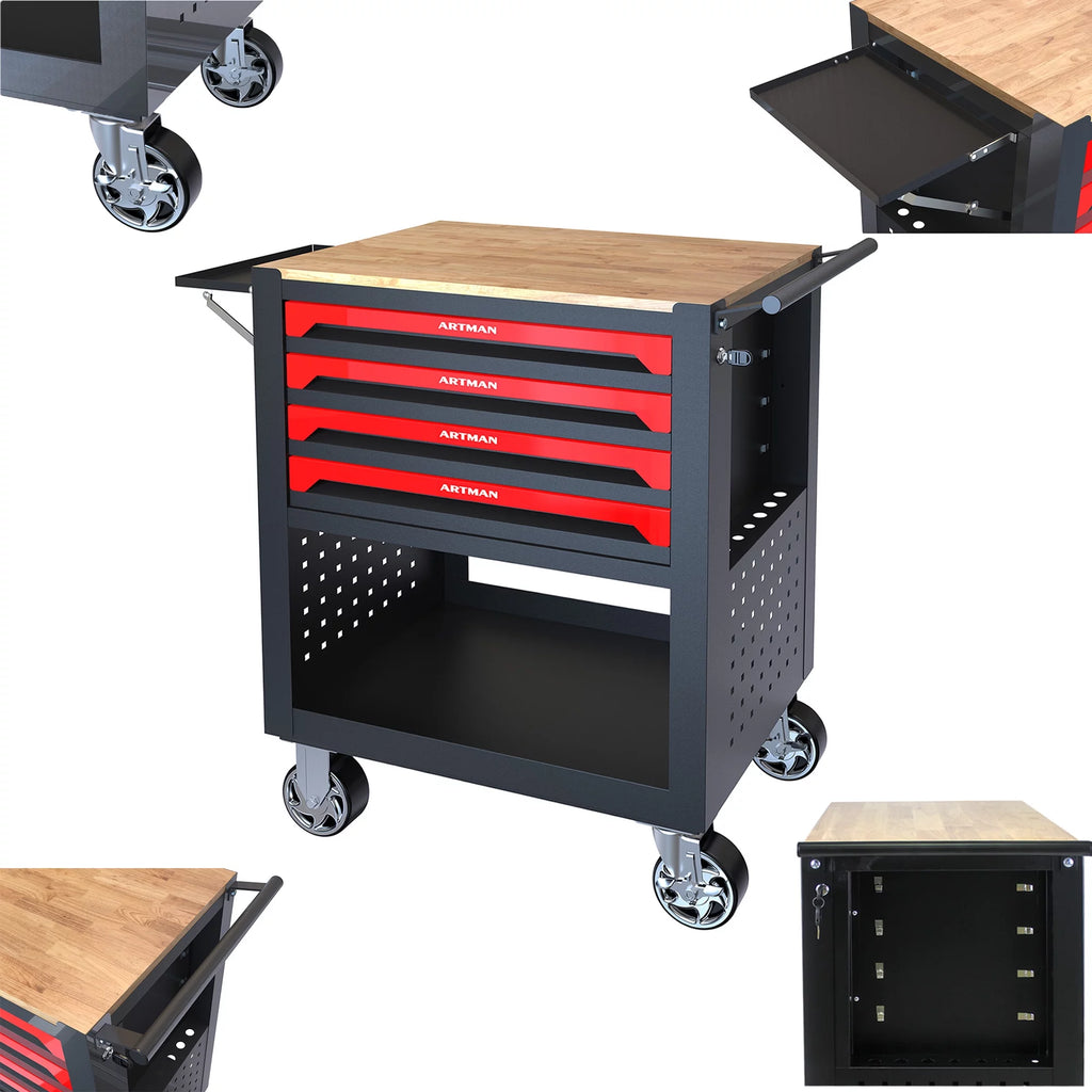 4-Tier Rolling Tool Cart with Cabinet and Wooden Top P7158