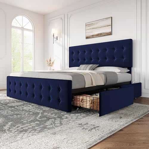 Black Queen Size Faux Leather Upholstered Platform Bed Frame with 4 Storage Drawers and Headboard C4351