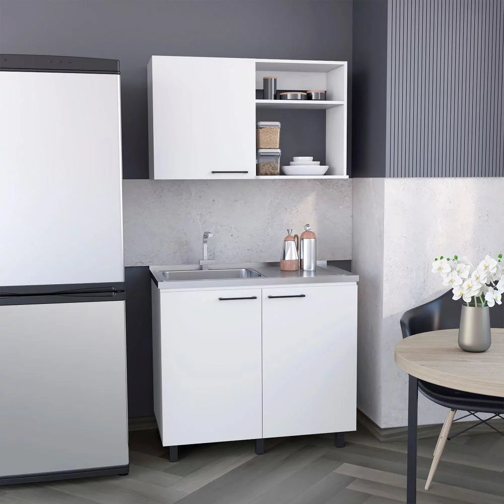 2 Piece Kitchen Set, Wall Cabinet + Utility Sink, White Finish N73422