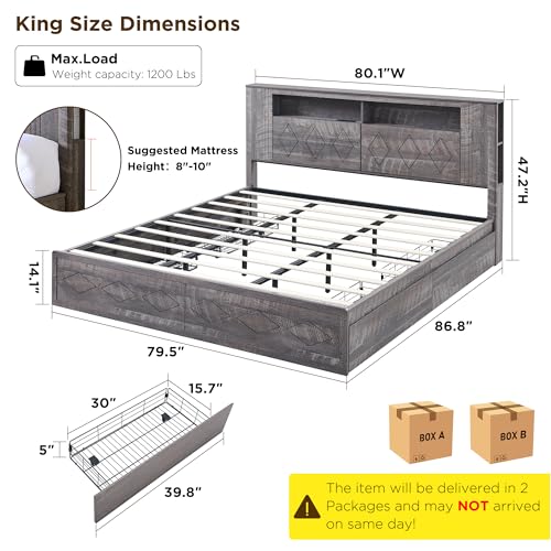 Queen Size Wood Platform Bed Frame with Storage Headboard and 4 Drawers J329293