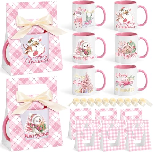 6 Sets Pink Ceramic Christmas Mugs 12 oz Y34986
