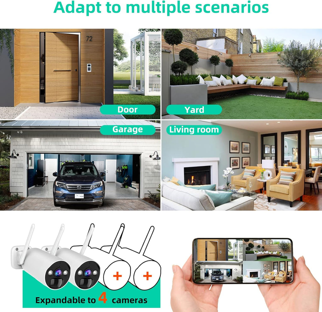 Wireless Security Camera System 3MP with 2 Way Audio, 2 PCS Battery Camera and WiFi Base Station, Color Night Vision T774976