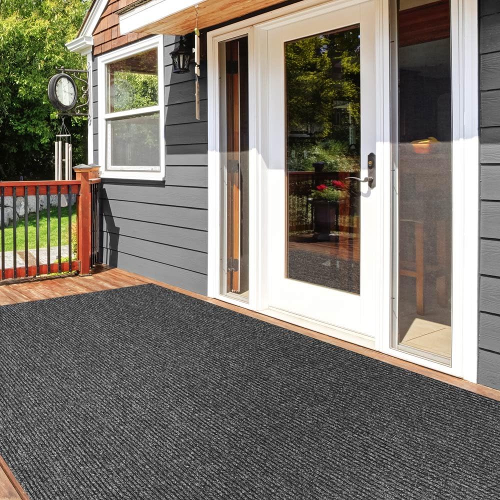 Charcoal Black Ribbed Indoor Outdoor Carpet with Rubber Backing 6 Feet X 15 Feet I62434
