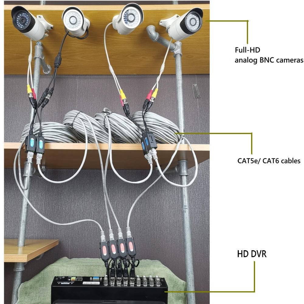 4 Pair Passive Video Balun BNC to RJ45 Adapter with Power 1080P-8MP Analog Camera Network Transceiver Cat5e/Cat6 to BNC Connector Q80825
