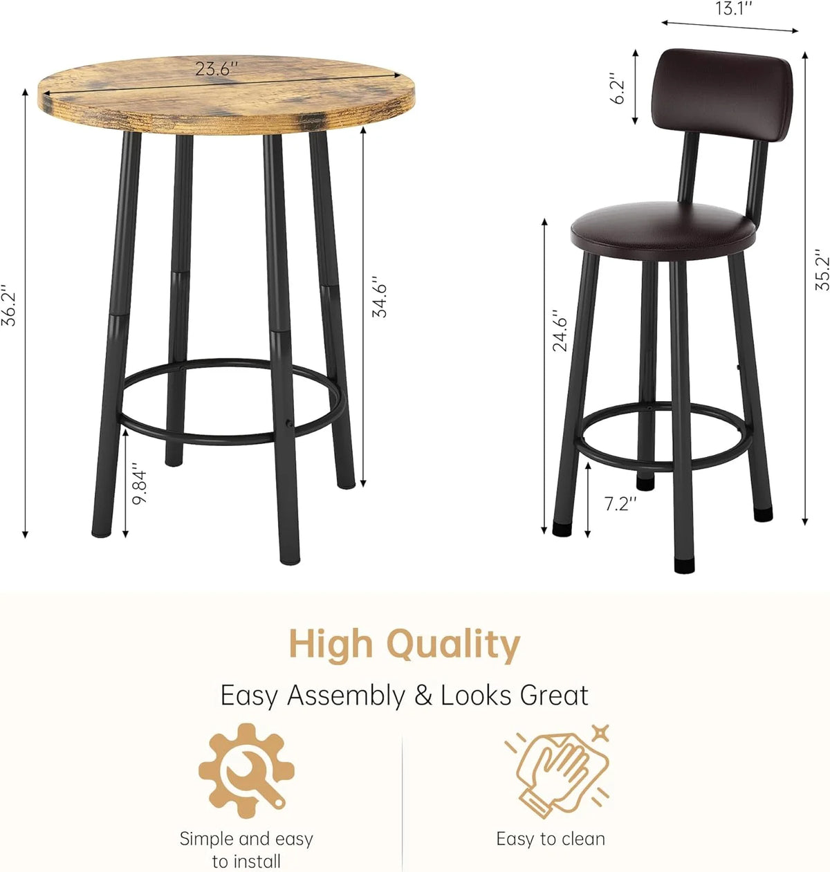 3 Piece Pub Dining Set for 2 Rustic Brown E41136