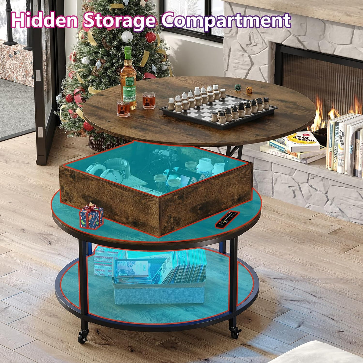 Rustic Brown Lift Top Round Coffee Table with 2-Tier Storage & Wheels P497