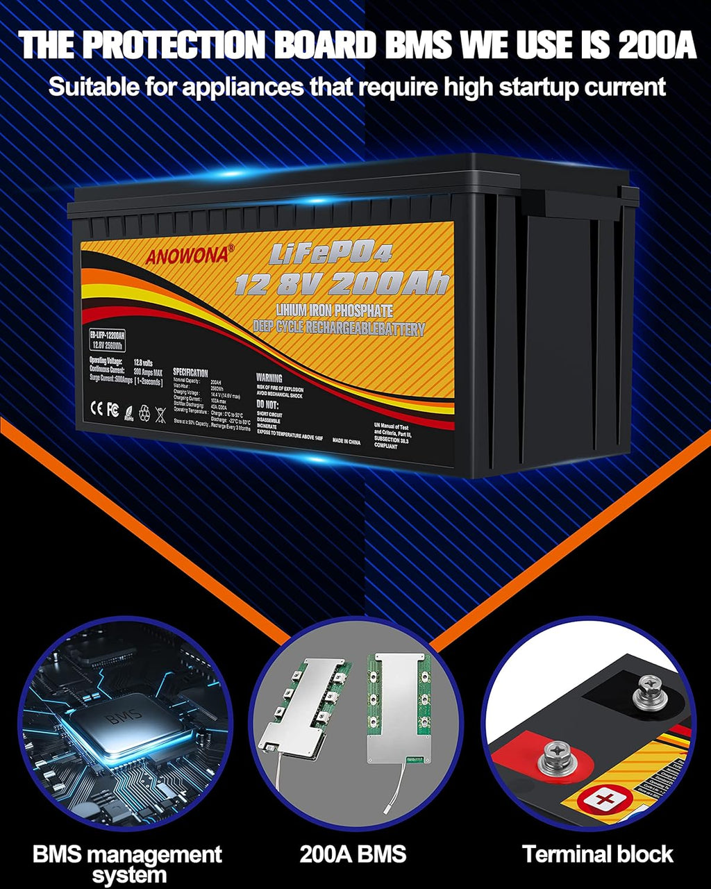 12.8V 100Ah LiFePO4 Deep Cycle Battery with 100A BMS H4491