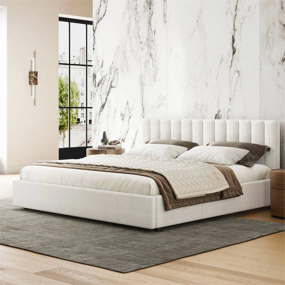 Queen Upholstered Platform Bed White Boucle Fabric H955
