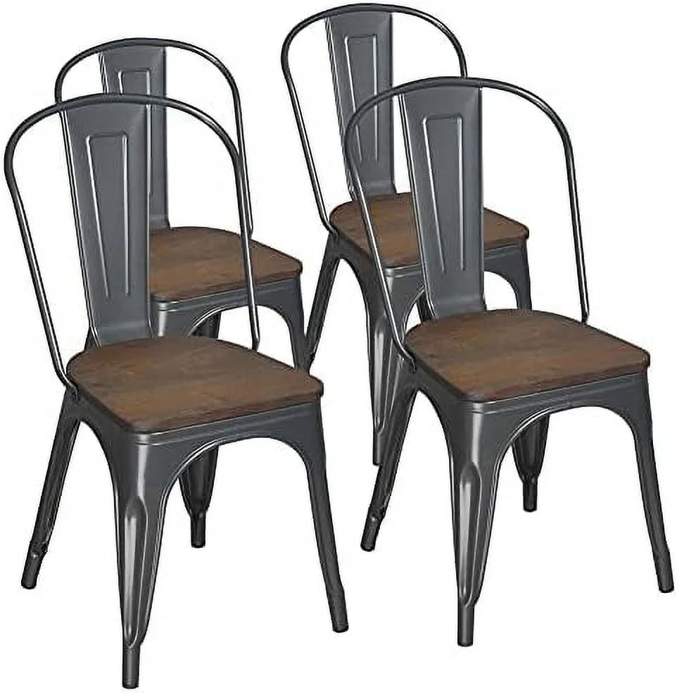 Gunmetal Grey Metal Dining Chairs Set of 4 with Wood Seat U920