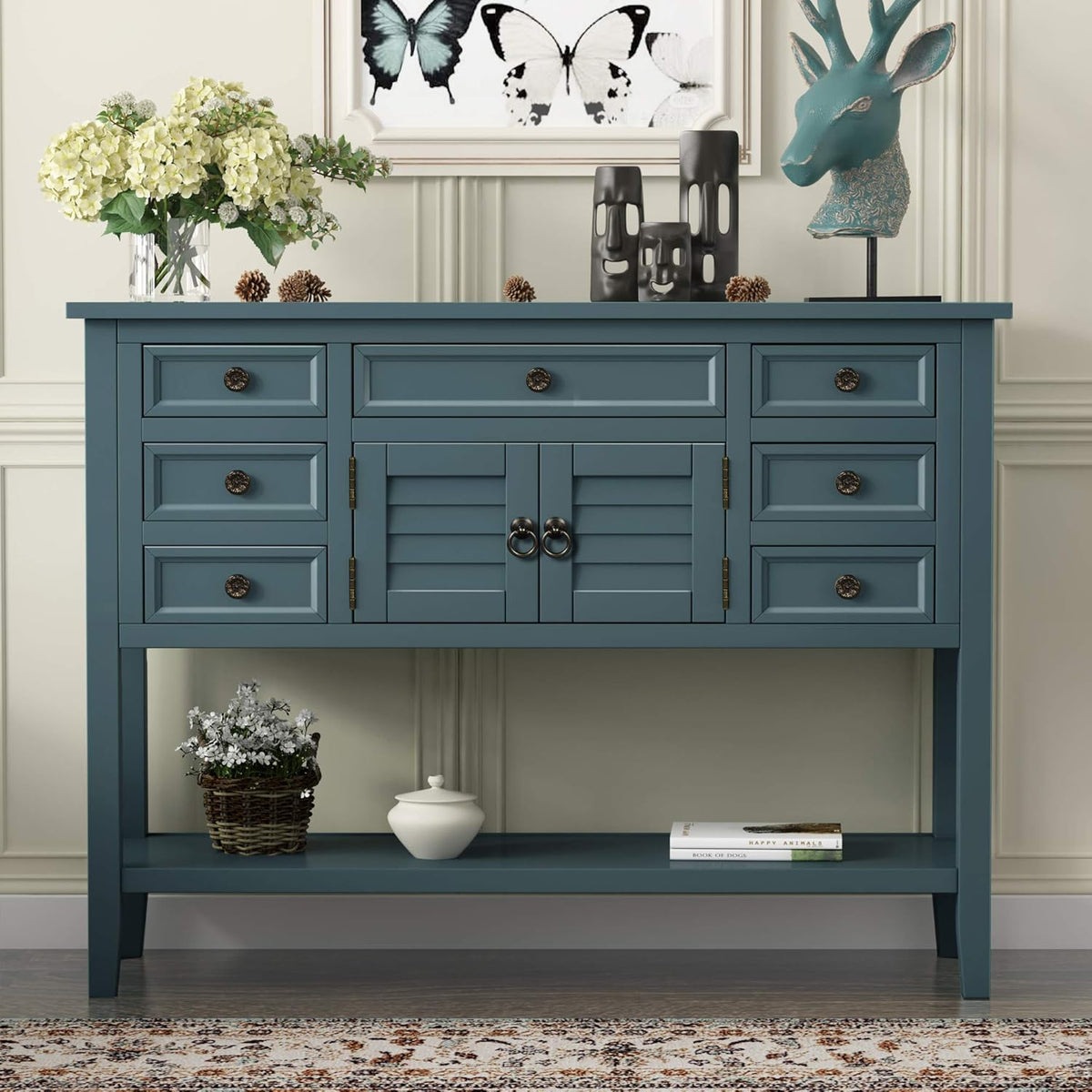 Green Solid Wood Console Table with 7 Drawers and 1 Cabinet C30338