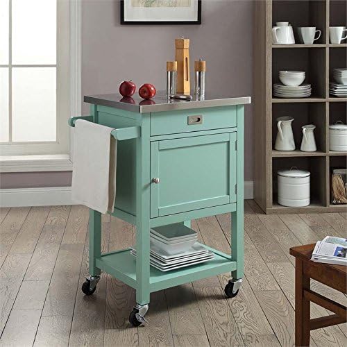Light Green Stainless Steel Top Pine Wood Rolling Microwave Table with One Drawer and One Shelf G471962