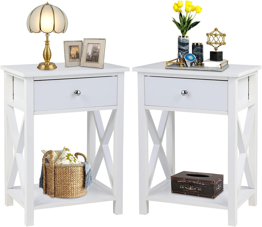 White Wooden Side End Table with Bin Drawer Set of 2 O99913