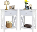 White Wooden Side End Table with Bin Drawer Set of 2 O99913