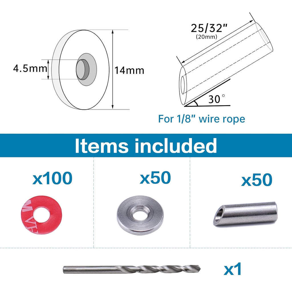 50Pack Cable Railing Kit Adjustable Angled Protector Sleeve for 1/8" Wire Rope Wood Posts Compatible 10 30 40 Degree Beveled Grommet Protective T316 Stainless Steel CR68,CP1 Pack of 2 K3162