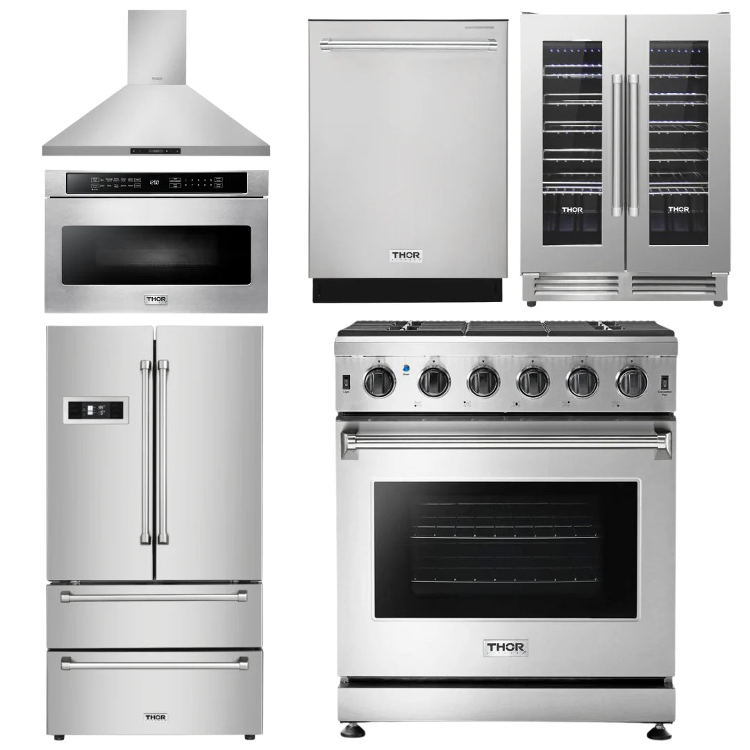 30 Gas Range, Range Hood, Microwave, Refrigerator, Dishwasher, Wine Cooler J60067