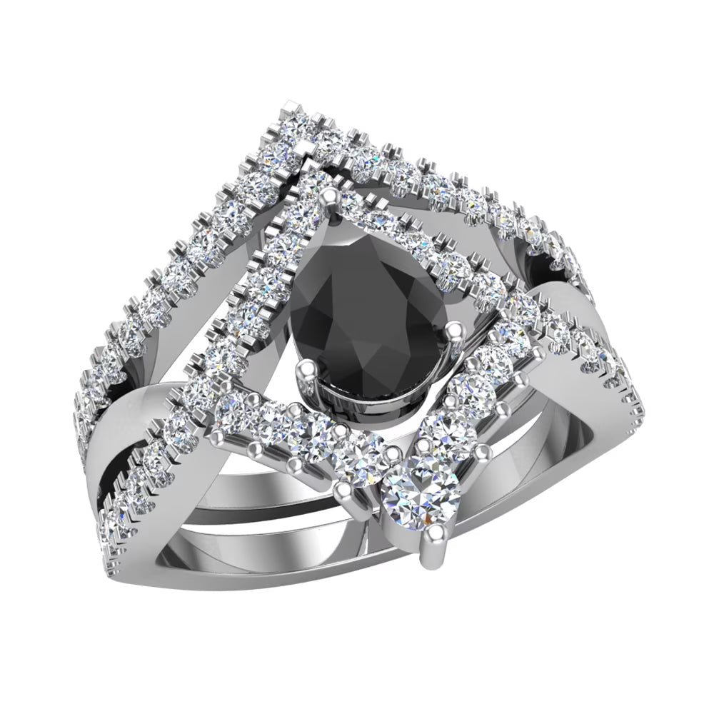 Pear Cut Black Diamond Wedding Ring Set 14K White Gold K76059