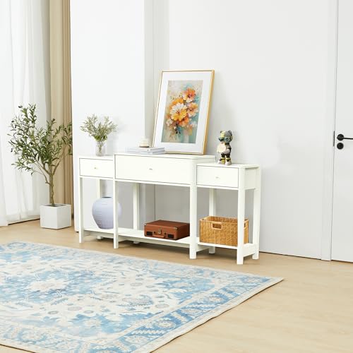 63" Console Table with Drawer, Marble Texture Top Sideboard with Open Bottom Shelf J637774