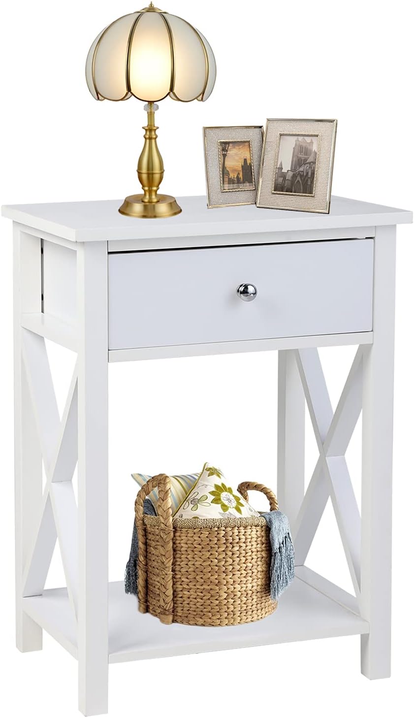 White Wooden Side End Table with Bin Drawer Set of 2 O99913