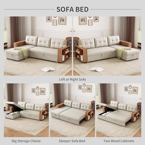 Beige L Shaped Convertible Sectional Sleeper Sofa with Storage Chaise T574