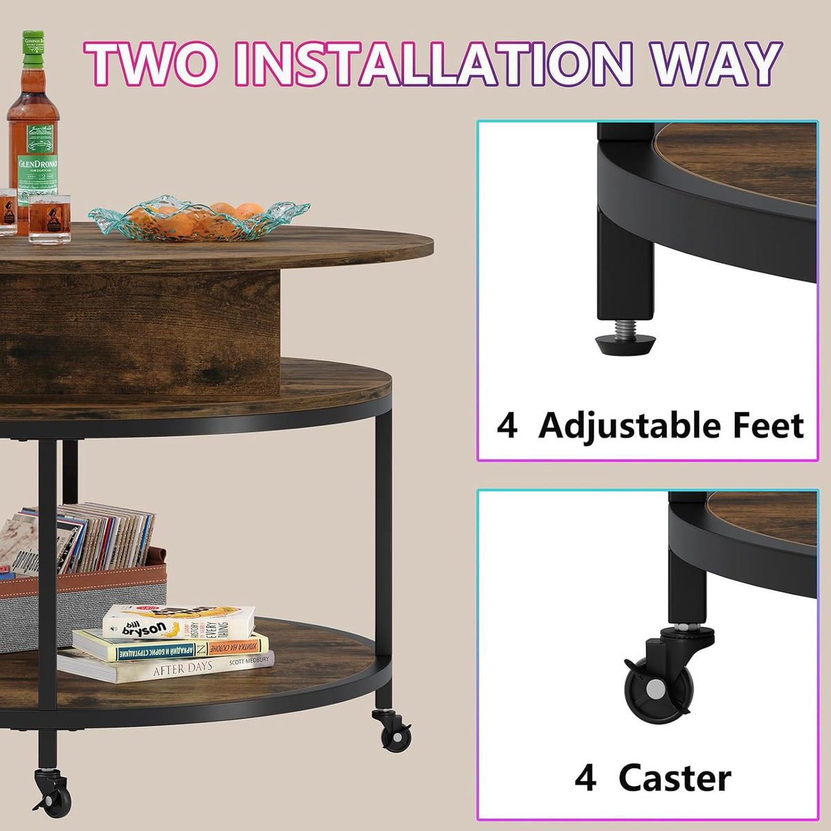 Rustic Brown Lift Top Round Coffee Table with 2-Tier Storage & Wheels P497
