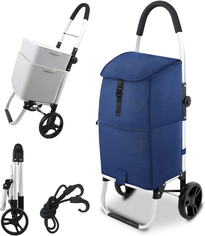 Navy Blue Foldable Grocery Cart with Shopping Bag L9442