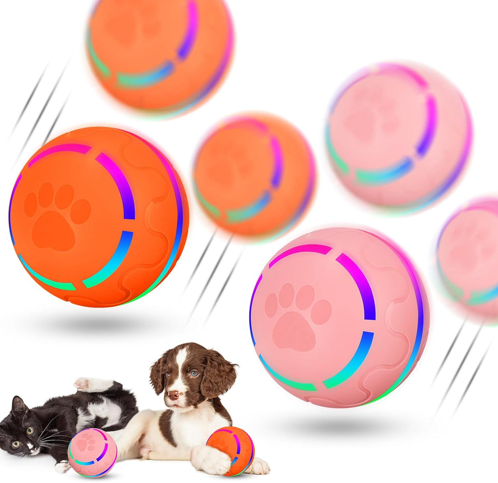 2 Pcs Interactive Dog Toys Peppy Pet Ball Moving Automatic Rolling Ball with LED Flashlight USB Rechargeable (Orange, Pink) W55211