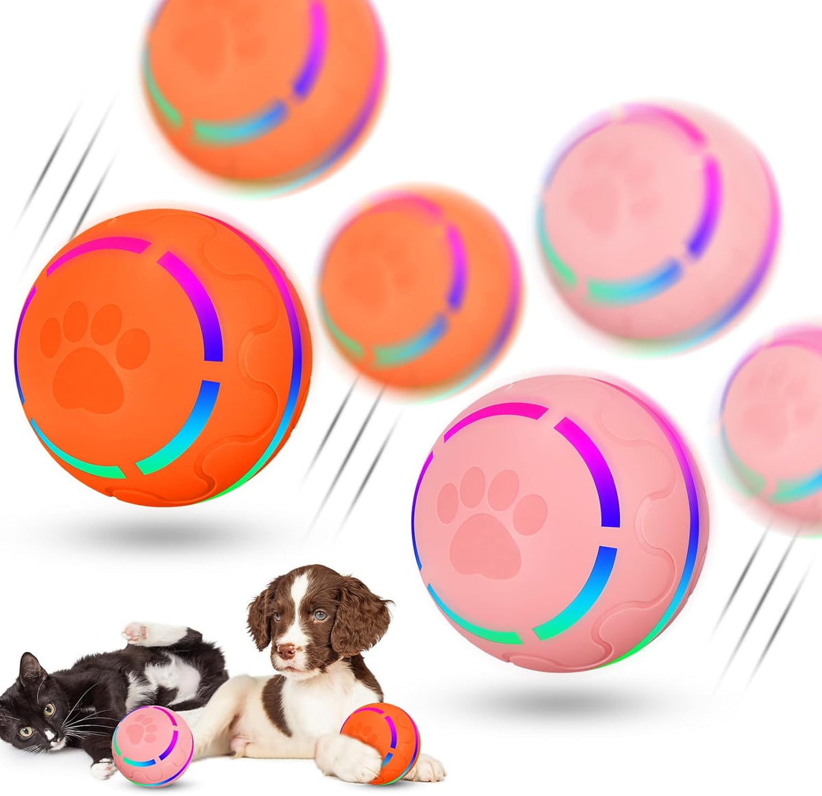 2 Pcs Interactive Dog Toys Peppy Pet Ball Moving Automatic Rolling Ball with LED Flashlight USB Rechargeable (Orange, Pink) W55211