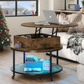 Rustic Brown Lift Top Round Coffee Table with 2-Tier Storage & Wheels P497