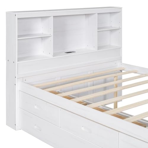 Grey Full Size Platform Bed with 6 Drawers and Storage Headboard D6307