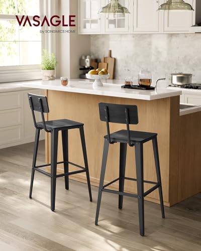 Set of 2 Bar Stools with Back, Steel Frame, Ash Black and Ink Black F22237