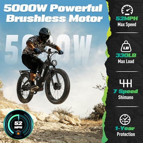 5000W Dual Motor Electric Bike 60V 32AH Battery 26x4 Fat Tire Full Suspension 7-Speed Gear Electric Bicycle H555