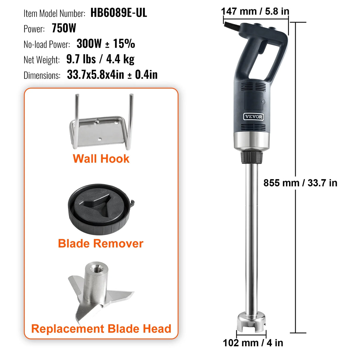 Commercial Immersion Blender Heavy Duty Hand Mixer 750W Variable Speed Q814880