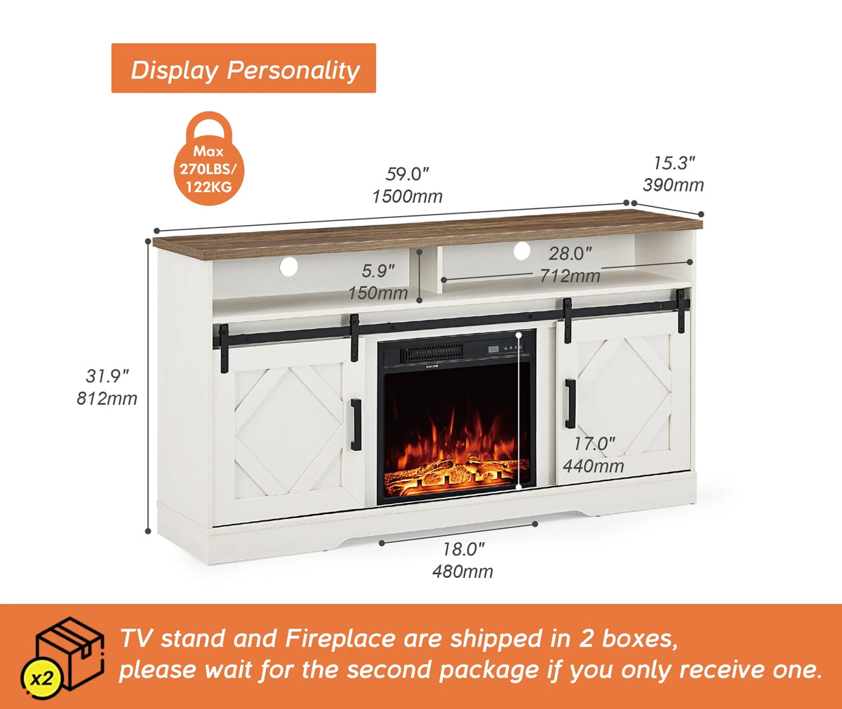 White Wood Electric Fireplace TV Stand D5734