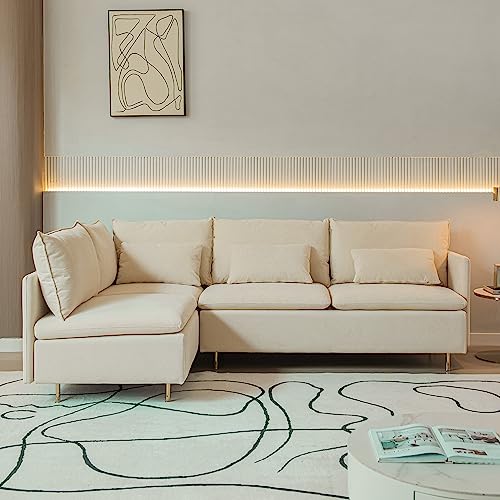 90.9 in L-Shaped Cotton Linen 3-Seater Modular Sofa with 3 Throw Pillows J509
