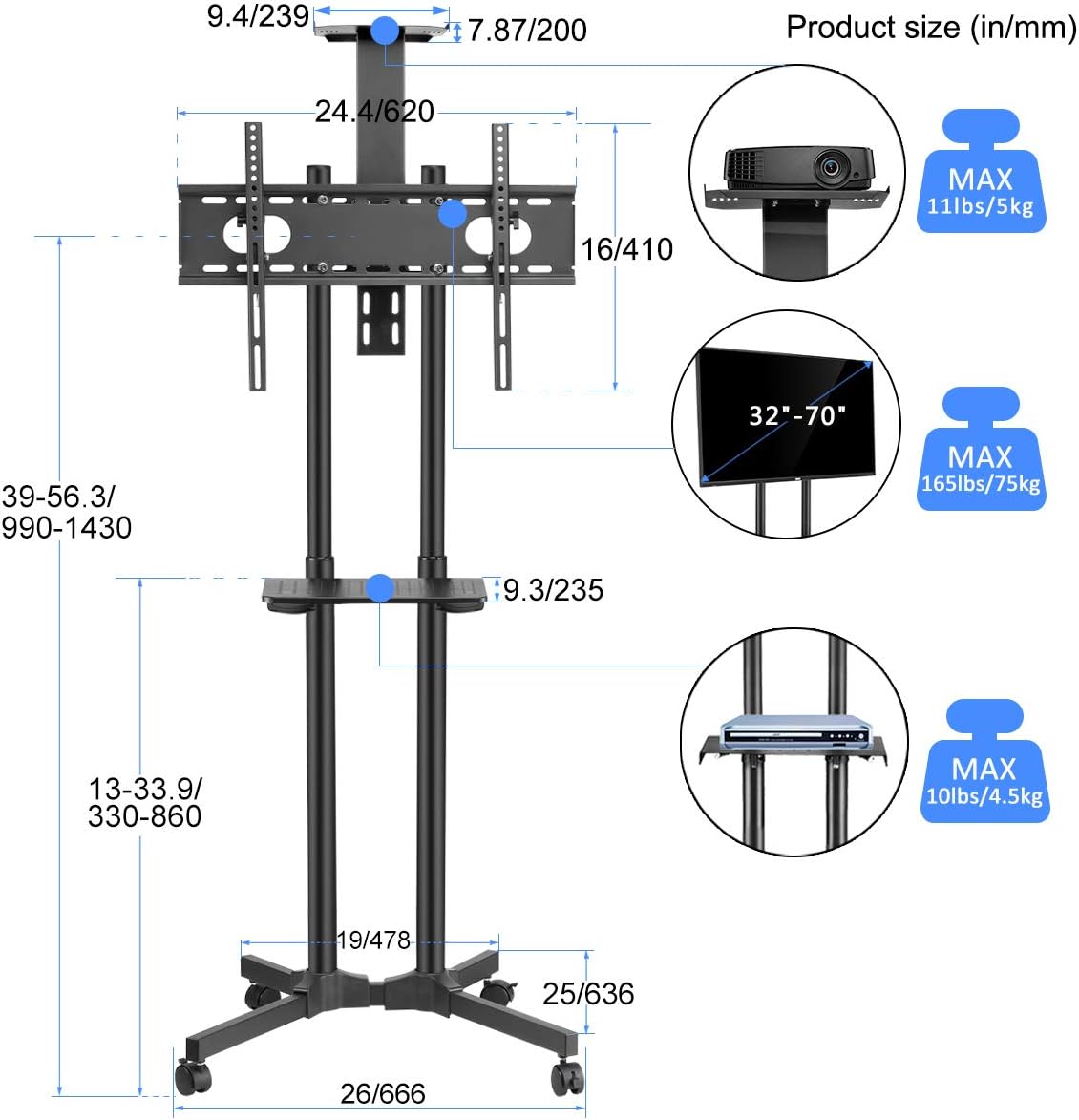 Rolling TV Cart Mobile TV Mount Stand with Wheels and Shelves for 32-70 inch Flat Screen D76421