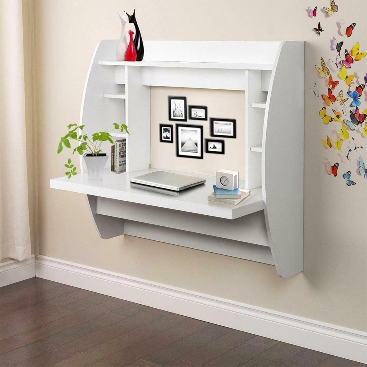White Wall Mounted Floating Computer Desk with Storage Shelves G8108