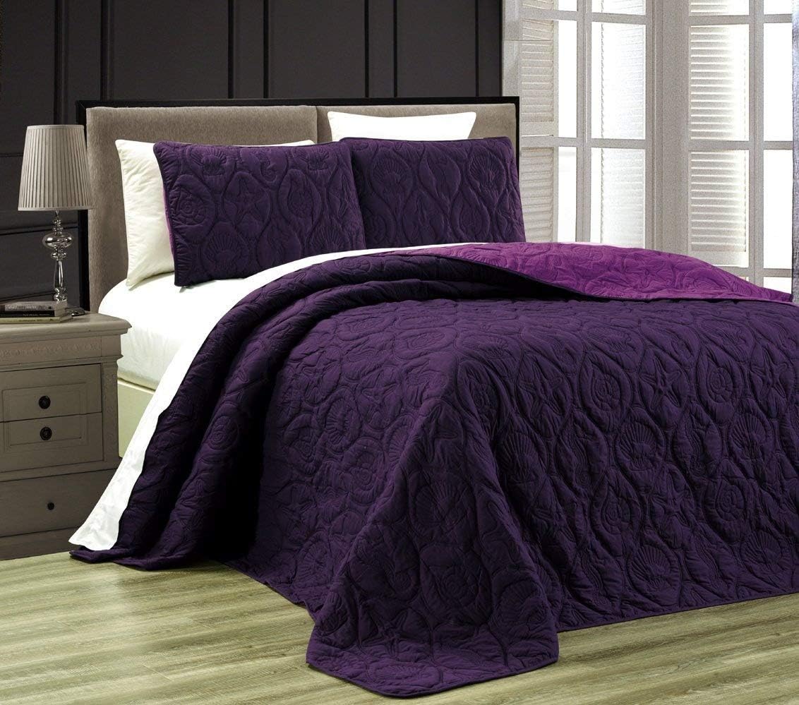 Dark Purple Light Purple Reversible Queen Full Bedspread Coverlet Set R288347