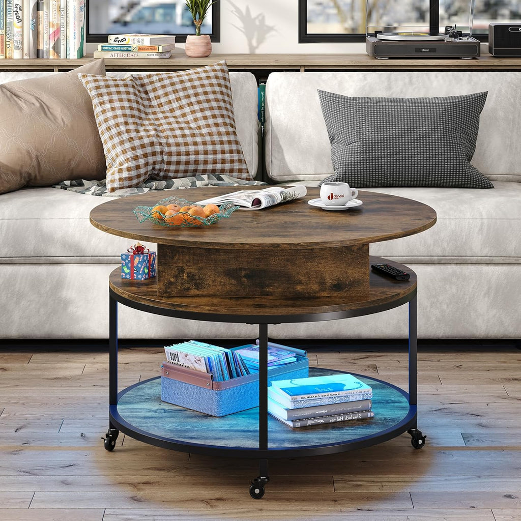 Rustic Brown Lift Top Round Coffee Table with 2-Tier Storage & Wheels P497