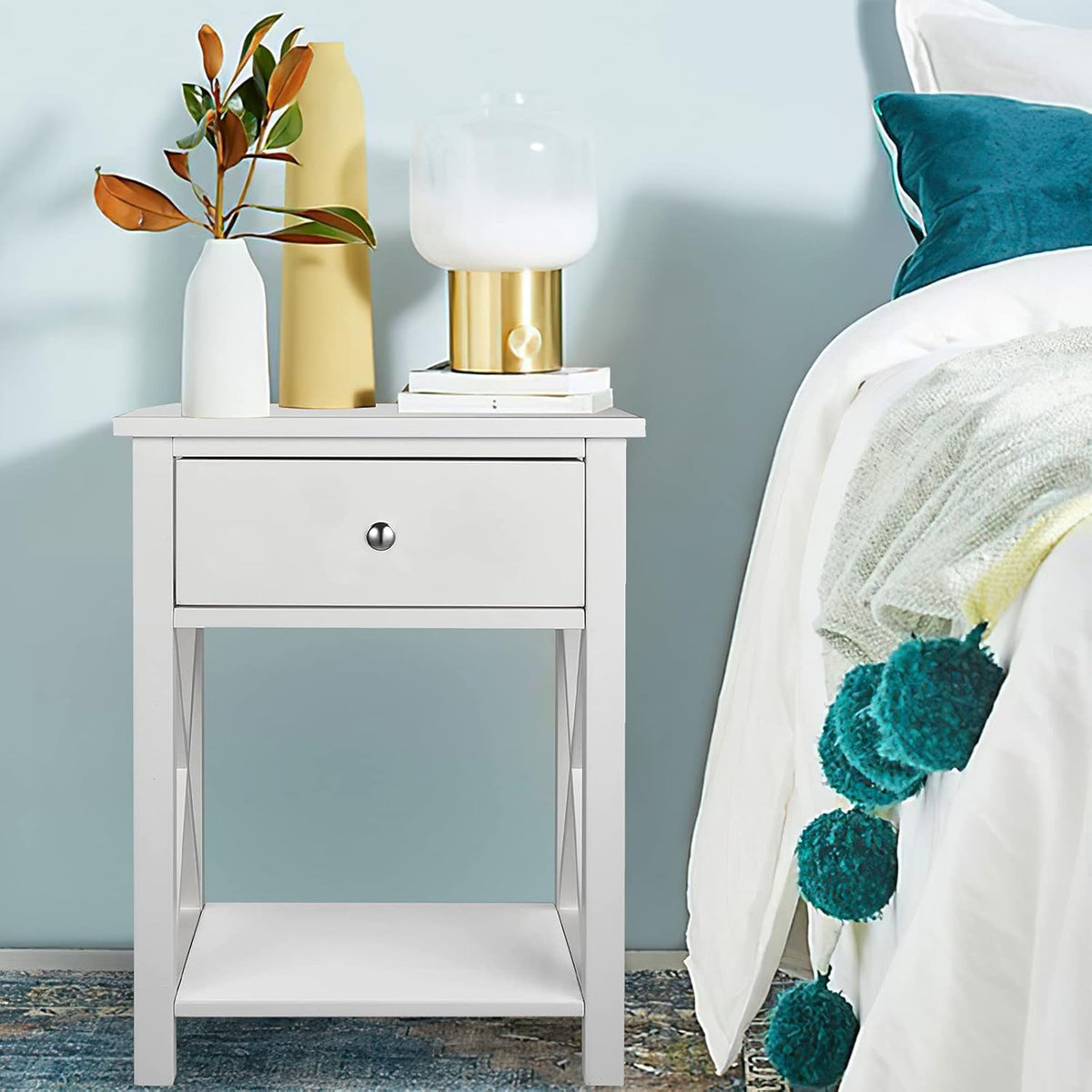 White Wooden Side End Table with Bin Drawer Set of 2 O99913