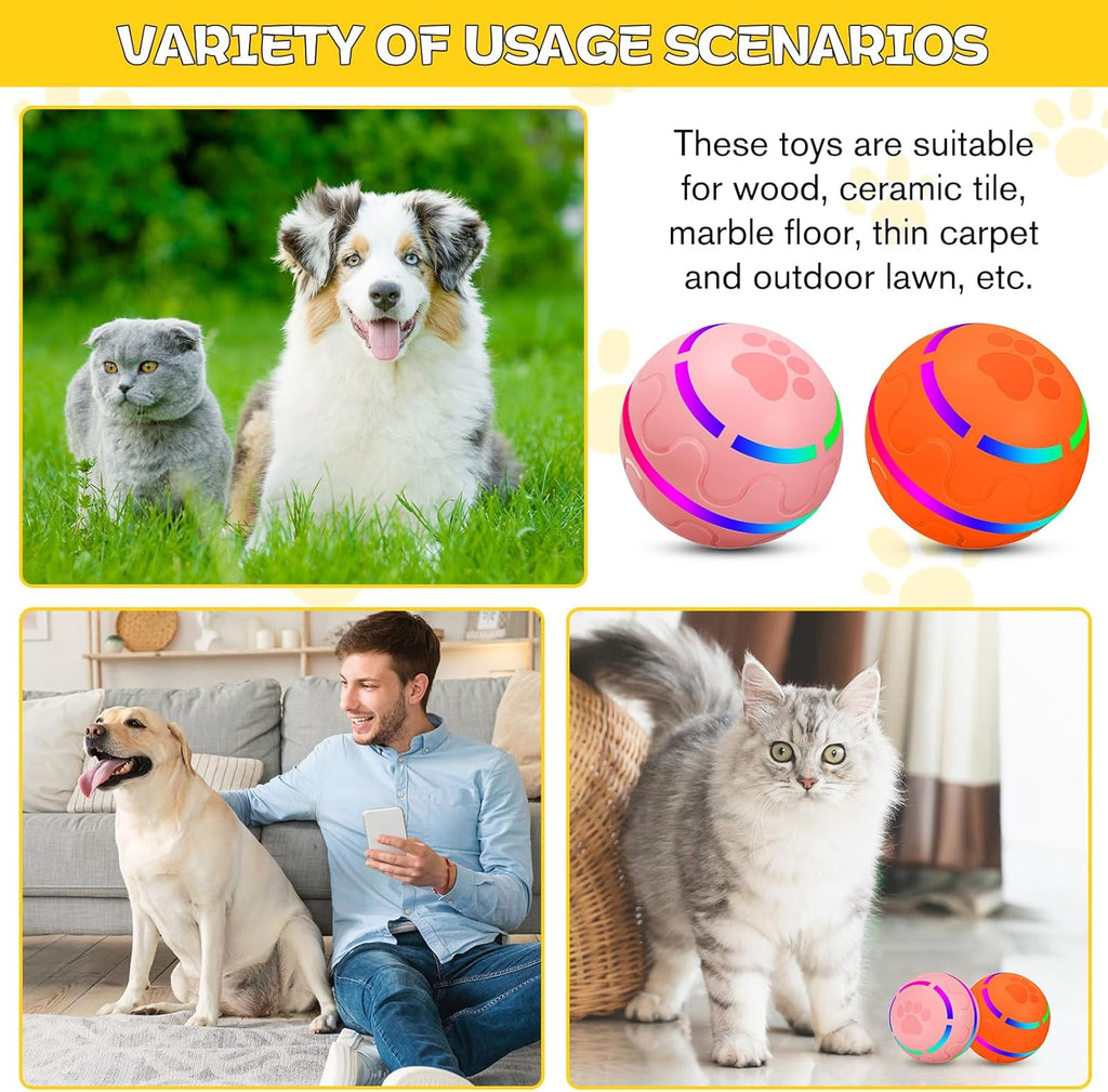 2 Pcs Interactive Dog Toys Peppy Pet Ball Moving Automatic Rolling Ball with LED Flashlight USB Rechargeable (Orange, Pink) W55211