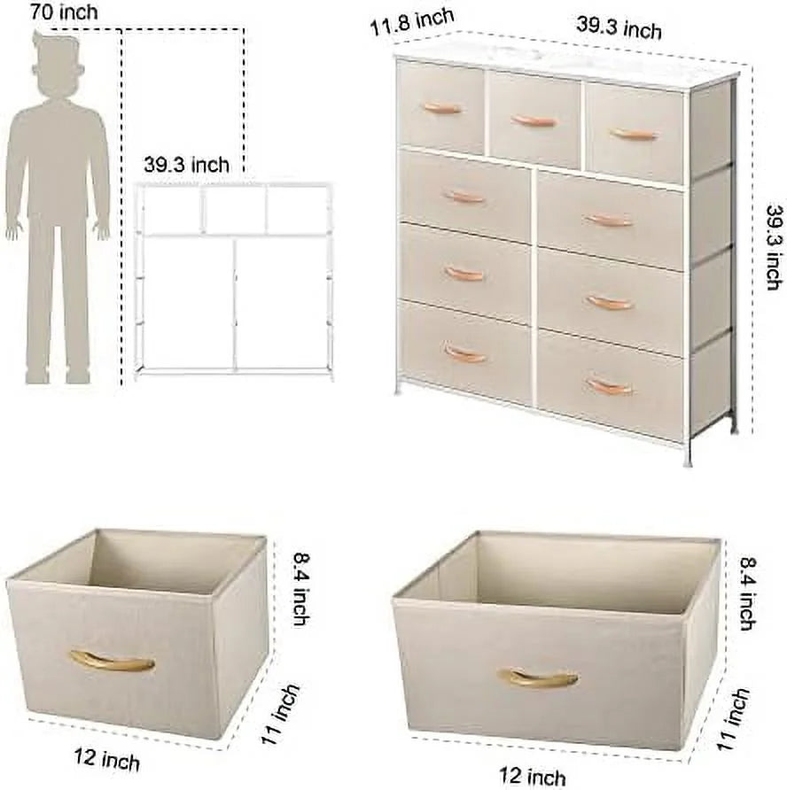 Black 9 Drawer Fabric Dresser with Steel Frame E398