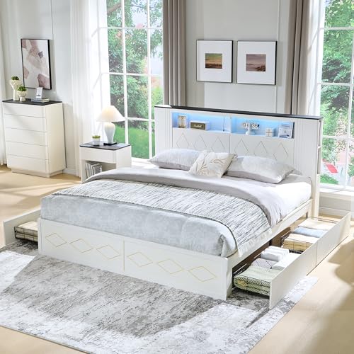 Queen Size Wood Platform Bed Frame with Storage Headboard and 4 Drawers J329293