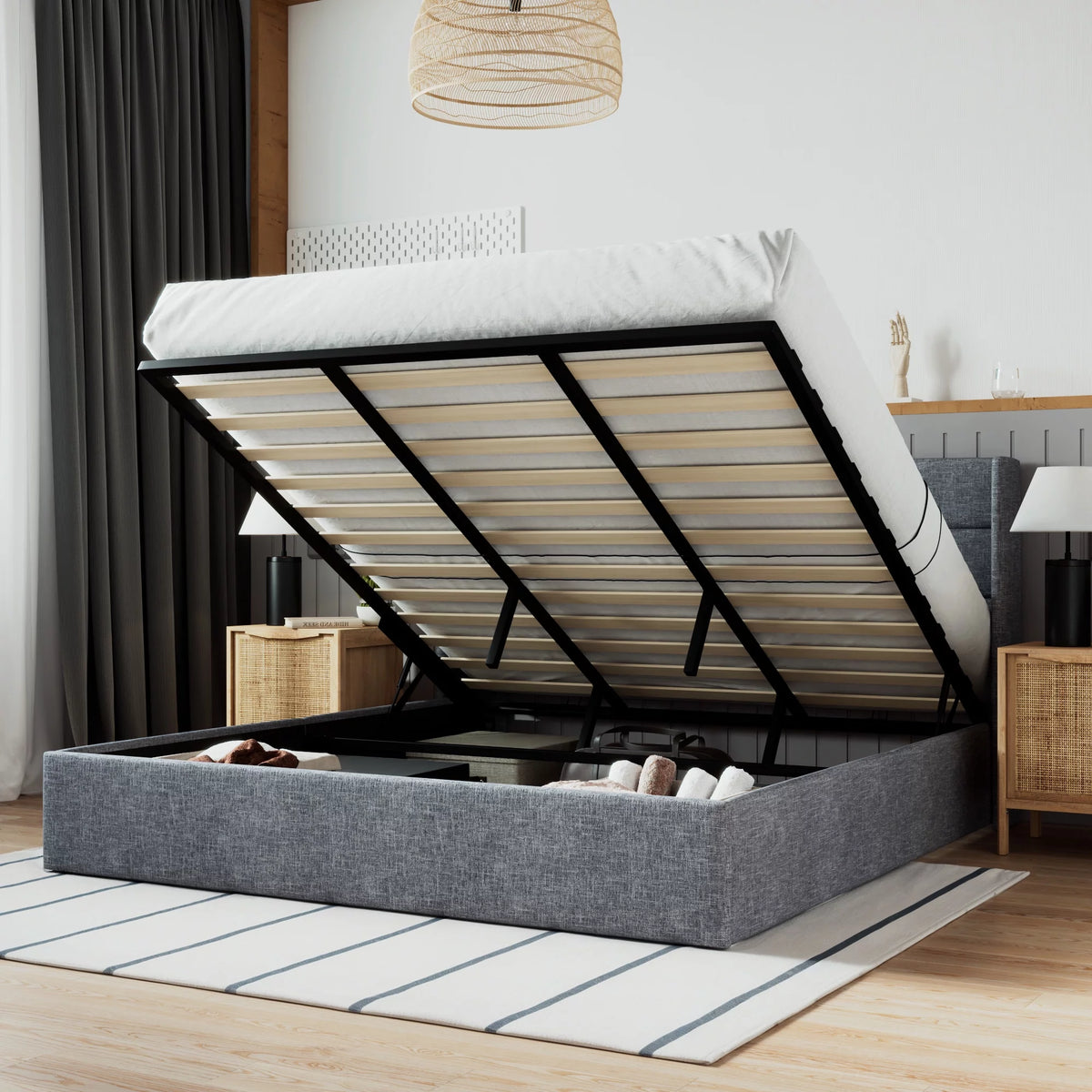 Beige Queen Size Lift Up Platform Bed Frame with Headboard N259