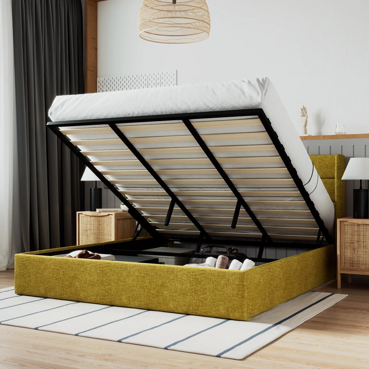 Beige Queen Size Lift Up Platform Bed Frame with Headboard N259