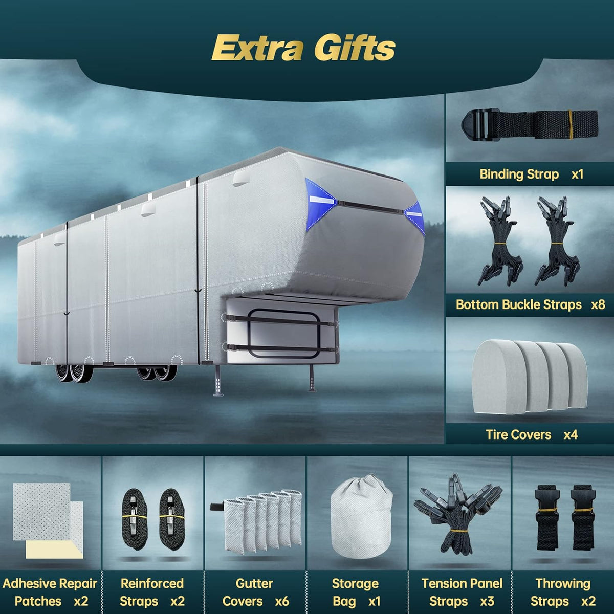 5th Wheel Travel Trailer Cover, 6 Layers Top RV Cover for 33’-37’ RV, Waterproof with 4 Tire Covers & 6 Gutter Covers J2870