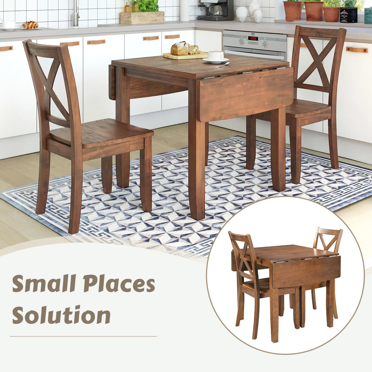 3-Piece Wood Drop Leaf Dining Table Set with 2 Chairs J4299