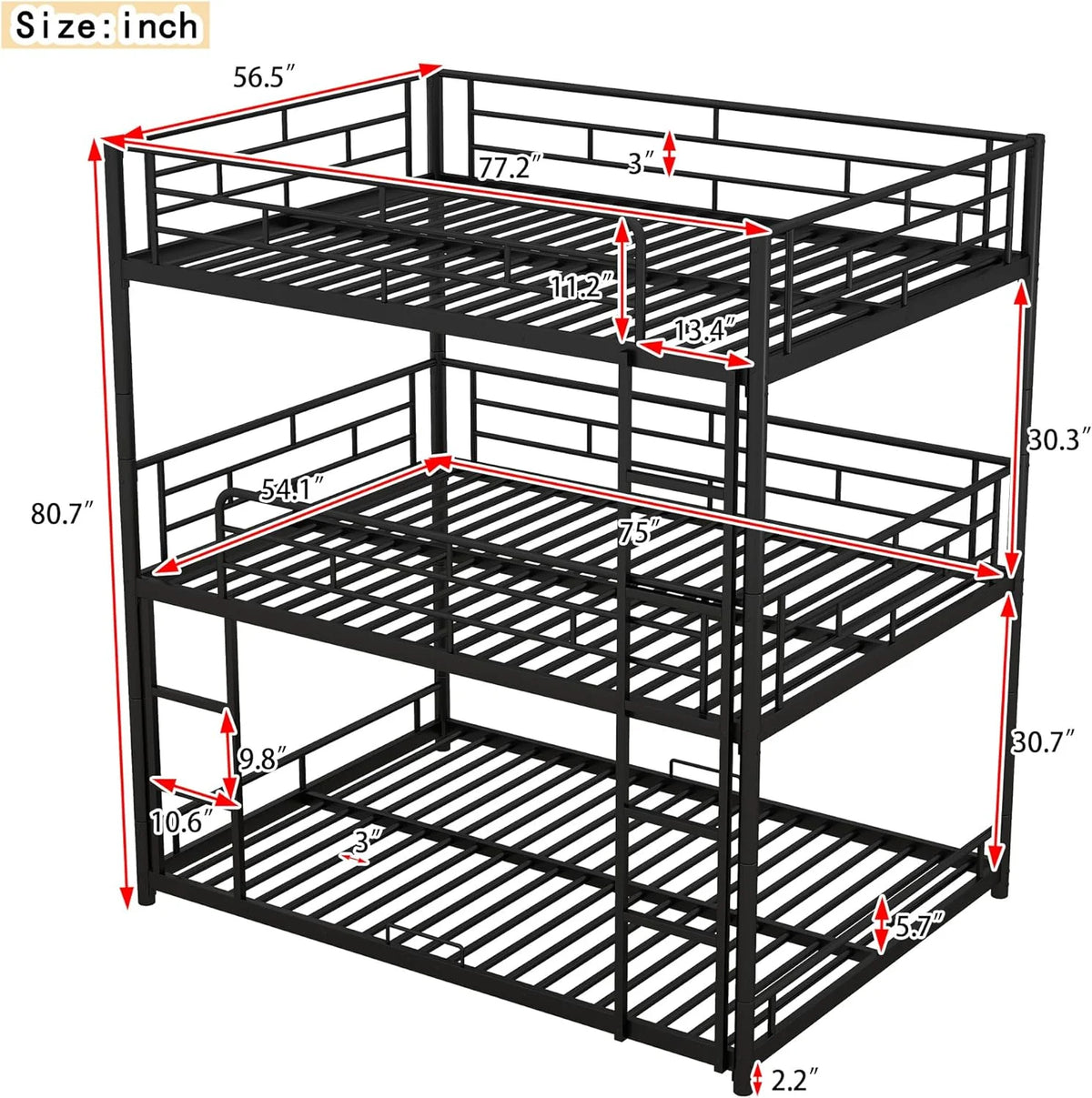 Full Size Triple Bunk Bed Metal Heavy-Duty Steel Frame with Storage Space Black P381